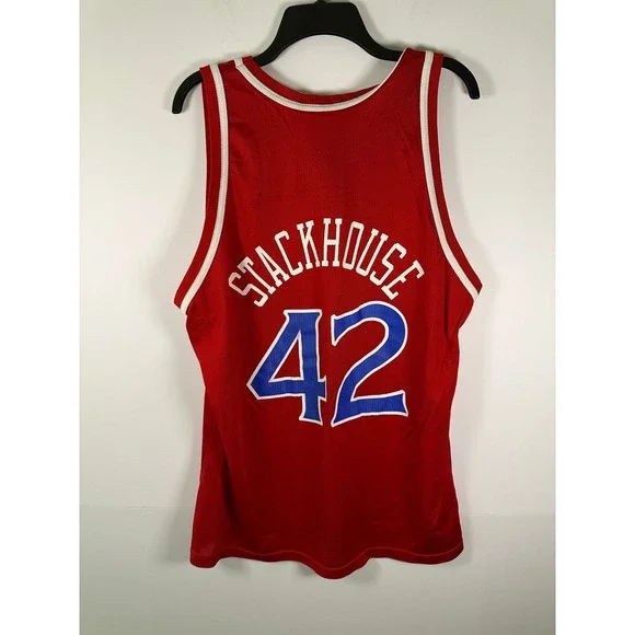 Champion NBA 76ers Jersey Mens 48 Stackhouse 42 Red Sewn Logos Mesh Vintage - Picture 7 of 9
